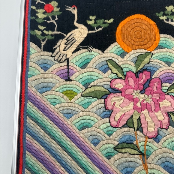 Vintage Asian Style Crewel Art Crane Flowers Amazing Colors Mid Century 20x17.5” - Picture 2 of 7